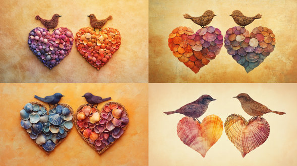 海报以浅橙色的羊皮纸为背景，富有复古韵味。中央是用彩色贝壳拼贴出的两颗心，贝壳颜色从淡粉到深紫渐变。心的上方，有两只用藤条编织的小鸟，藤条颜色从浅棕渐变为深棕。整个画面简约而质朴，透着温馨。