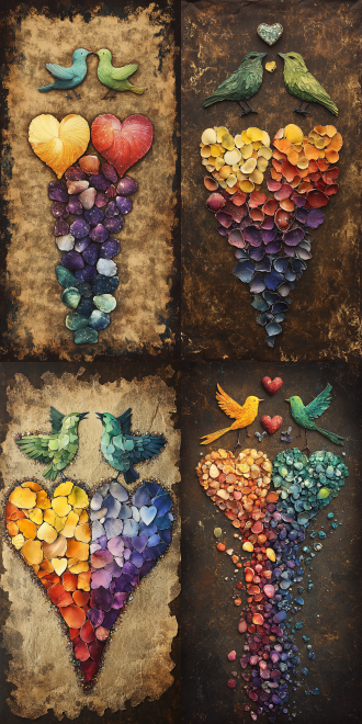 深棕色的羊皮纸为背景做海报，复古韵味。中央是用彩色贝壳拼贴出的两颗心，贝壳颜色从奶油黄到深紫色渐变。心的上方，有两只用碎钻拼贴的小鸟，碎钻的颜色从淡绿渐变为深绿色。整个画面简约而质朴，透着温馨。