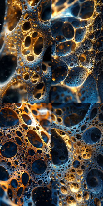 abstract fractal art, golden organic structures, large pores, by anton graff, blue and black, incredible digital art, interconnected human lifeforms, cell journal, liquid physics, background bar, organic biomass, smooth clean surfaces, imagenet, black human spine, by simon ushakov, povray