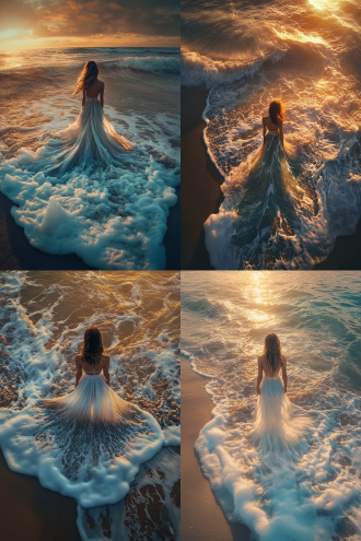 （（（海浪汇集成裙子:1.8））），由真实海浪制作的裙子，（（海浪和裙摆完全融合:1.4）），（（裙摆延伸着与海浪融为一体）），一位女孩站在海滩，史诗般的构图，超现实主义摄影，夕阳，细节，胶片风格，[俯视角:0.7]，广角