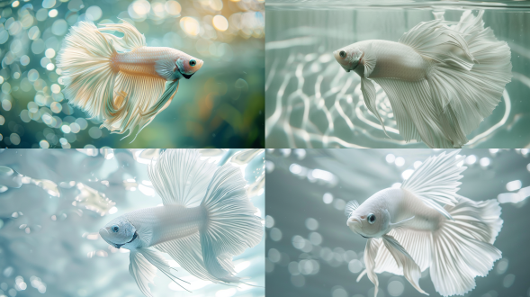 白色的斗鱼，糖果色斑纹，鱼缸内，近摄，细节逼真，特写镜头，水波纹，柔和光线，冷色调，宁静，优雅。