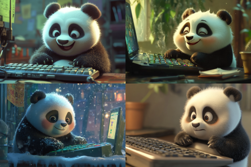 卡通画面，童话描述，敲键盘的胖熊猫，可爱呆萌，汗水直流。