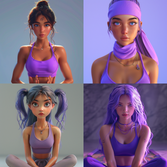 女生可爱头像，辛烷值渲染，摄影风格，表情多变，细长迷人的眼神，紫色系列，瑜伽服饰，动作丰富