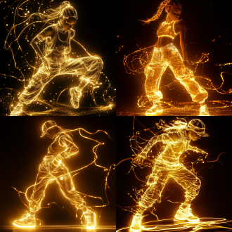 光绘线条艺术，光绘一个街舞的小女孩，街舞服饰，全身照，令人惊叹的光效，辉光，酷炫的姿势 动态摄影，光绘金色街舞服饰，精确的身体比例，萤火虫粒子，线条锐化，增强，2d渲染，正确美丽的脸，解剖正确，非常详细，深色背景，增强腿的动作，完美的侧脸 光粒子 光粒子