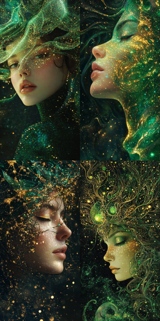 时尚杂志封面，william morris,仙女，波普，nick veasey，james turrell，by zentangle，by pointillism，草间弥生，欧普艺术，分形艺术，墨绿色和金色，亮片，对比度强烈，错纵复杂的细节，魔幻超现实主义，发光粒子，生物发光，内发光，发光线条，超清画质 光粒子 光粒子