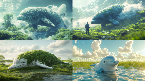 嫩绿色毛绒材质的草地，毛绒棉花糖形成的一团团的雾气，一只巨大的毛绒材料的蓝色和白色融合的海豚，毛绒材质的海洋，艺术氛围感，梦幻的仙境，真人，3d渲染，c4d建模，超现实主义，超逼真