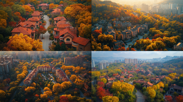 大连南山公园秋天的景色，别墅群错落有致，黄色的银杏叶，红色的枫叶还有绿色的松树，色彩斑斓点缀在大街小巷，飞机航拍角度，平面构图，16k超高清，暖色调广角，俯拍，平静。