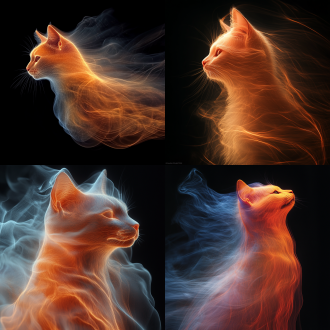 抽象艺术，水墨，一个霓虹烟雾抽象形成的动态橘猫轮廓，烟雾线条如流水般柔和自然且悠长，动态模糊，逆光，光暗强烈对比，背景纯黑，水墨意境，梦幻，超现实主义，意识流，烟雾质感，3d，极简主义，虚幻，唯美，拖影，拉丝，禅意，32k分辨率