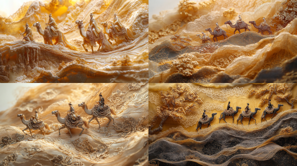 capture a surreal miniature landscape in the style of the silk road, set against the backdrop of semi-transparent golden lace with desert contours. the fabric features a blend of intricate embroidery, incorporating traditional chinese clothing patterns. the scene includes figures riding camels atop the fabric, creating a sense of scale distortion and surrealism. embrace a wide-angle perspective to emphasize the vastness of the scene and the intricate details of the lace and embroidery. utilize negative space to enhance the dreamlike quality of the composition, allowing the figures and fabric to stand out against the minimalist background.