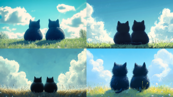 极简主义,一对圆润可爱的毛茸茸的黑色猫咪并排蹲在柔软草地上的背面视图,柔软的毛绒质感,奇幻,超现实主义。卡通风格,蓝天白云,极简,留白,仰视角度,完美构图,8k,大师杰作,获奖作品
