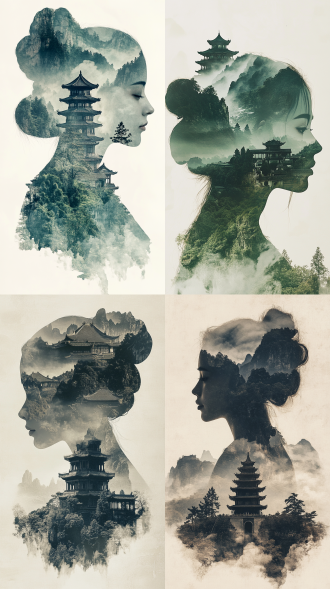 新中式，水墨晕染，女子头像轮廓与山水中式建筑融为一体，双重曝光，体现了反思、内心平静以及人与自然相互联系的主题，青绿，柔和的色调，水墨画，晕染，极简