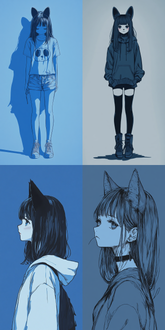 1girl with sanrio ears, (kuromi:1.2), blue tone, line arts, minimalism