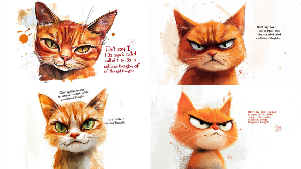 新海诚风格，简笔画，纯白色背景，一只橘猫，一脸得意，橘猫头顶写着“别说我爱抬杠，这叫思维碰撞”，做一套表情包。