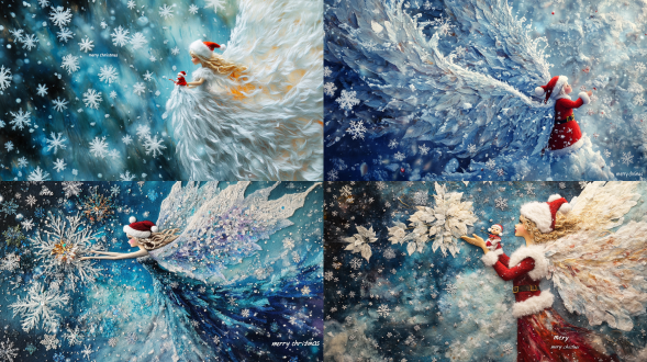 毛茸茸的雪花精灵，优美的花朵一样的雪花，巨大无比的雪花精灵，有一个微小的圣诞老人，抬头仰望雪花精灵。毛毡画，适当的位置写着英文“merry christmas