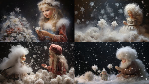 毛茸茸的雪花精灵，优美的花朵一样的雪花，巨大无比的雪花精灵，有一个微小的圣诞老人，抬头仰望雪花精灵。毛毡画，适当的位置写着英文“merry christmas