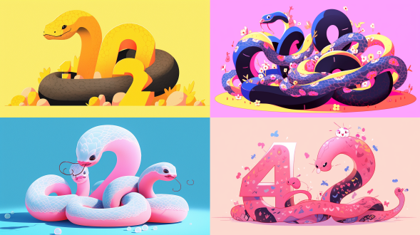 3d插画，画面中使用小花蛇排列成“21"形状，胖呼呼，毛茸茸，纯色背景，马克笔涂鸦，简单构图。