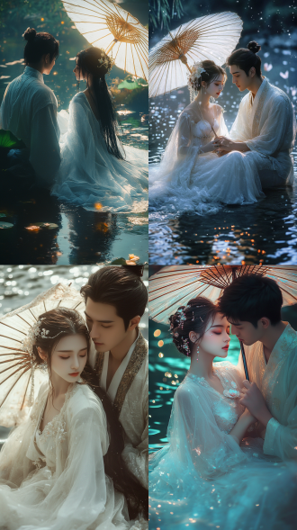 意境，色彩颗粒,颜色曲线，陈家泠,暗夜微光,霓虹色彩，特写，古风汉服情侣，一个倾国倾城绝美仙女身穿白色纱裙坐在河边，一个身穿若水色纱衣的男子站在一旁为女子撑着一把油纸伞，汉服，闪闪发光，荧光， 闪光， 星光， 粒子光，不灵不灵的光，发光粒子，粒子特效，高岭之花，仙气飘飘，一身白衣，长发飘飘，低饱和度的颜色发出光芒,露华,自发光,流动线条,大师构图，超梦幻的色彩。
