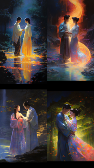 in a dreamy setting, the particles of color blend and flow like a river, creating a unique color curve. the artist, chen jial, captures the faint light in the dark night and the neon colors, bringing them to life in a close-up shot. a couple dressed in traditional han clothing stands in the scene: a breathtakingly beautiful woman in a white gauze dress sits by the river, while a man in a light blue gauze robe beside her, holding an oil paper umbrella for her. their han clothing is adorned with sparkling, luminous, and starry particles, creating a magical light effect the woman's long hair flows down her back, and her low-saturation colors emit a soft glow. the scene is filled with a sense of ancient charm and-tale romance, with a masterful composition that brings out the ultra-dreamy colors.