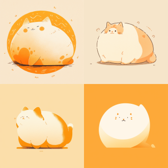 插画，动态模糊，运动极简主义风格，浅黄色和橘红色结合，纯色背景，拟人化巨大的胖胖的胖猫咪，特写，纯扁平插画，极致高清的画面，猫咪的眼睛描绘清晰细致，高美感，图形化，模糊化，毛毡化，留白，意境，童趣，高级，杰作，极简，模糊毛茸质感​