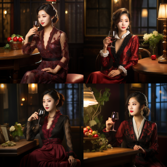 20岁中国青年女性，精致妆容微笑，着优雅奢华服饰，坐下喝红葡萄酒，三分构图，室内环境，定焦镜头，暖色调，侧光，优雅，闲适。 英文