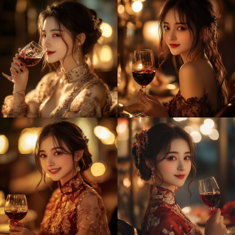 20岁中国青年女性，精致妆容微笑，着优雅奢华服饰，坐下喝红葡萄酒，三分构图，室内环境，定焦镜头，暖色调，侧光，优雅，闲适。 英文