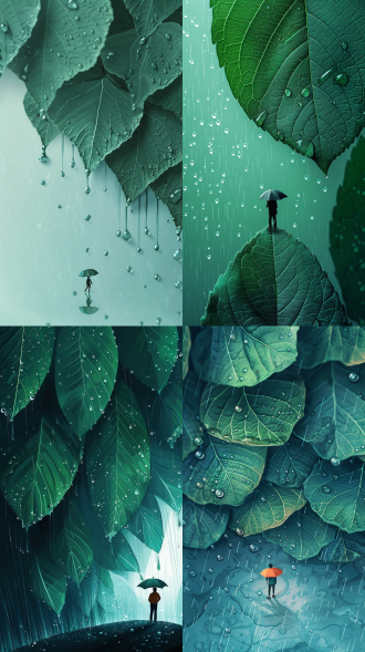 一名微型行人撑着小伞，走在巨大的雨滴之间，巨大的绿叶上的水，滴落在雨伞上，雨滴形成透明的墙面，背景为单一的浅蓝色渐变