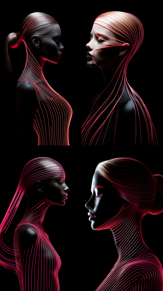 一个女模的轮廓用粉色线条勾勒在黑色背景上，体现出一种空灵的极简主义。简洁而优雅的设计仅展现出头和颈部的轮廓，从黑暗中浮现出来。女性的优雅和神秘。高对比度的照明突出了每根毛发的深度和纹理，精细的细节创造出一个既醒目又美丽的标志性形象，焦点堆叠技术赋予了这幅作品一种极简主义的摄影风格​