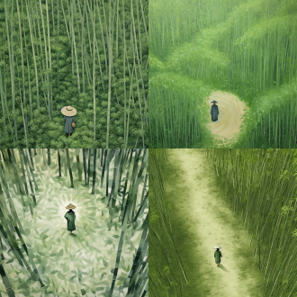 俯视角度，大片的竹林，若隐若现的弯曲小路，低饱和绿色，不同色阶的绿色弥散渐变，大面积留白，抽象，艺术，高级，极简风格，禅意，竹子下面一个极小极小的人儿，带着斗笠披着蓑衣，极简，肌理感。大面积留白，抽象，艺术，高级，极简风格，极简风格，极简风格，禅意，禅意。