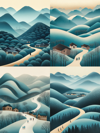 流体水彩,意境,空旷,羊毛毡材料做的远山,小路,云雾,小村,归家的人,叶瑞琨+古元,线条插画,磨砂肌理,炫彩光影,色彩颗粒,大量水墨喷溅效果,极简构图,背景清雅