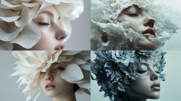 前卫的先锋艺术，时尚摄影，概念设计，材质拼合，极简主义，干净背景，超现实主义,, layered sand-paper bloom structure, edge fray simulating petal decay, ceramic flakes interlaced with mineral shimmer, balanced diagonals fade into fog, 斜势流动布局, 层叠虚实导向眼线