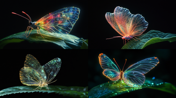 微观世界，蝴蝶栖息在一片绿叶上，黑色背景，超现实主义，由光影和霓虹蚕丝线组成的蝴蝶，彩色薄纱质感，逼真而又空灵，薄如蝉翼，发光粒子，迷人的灯光，发光发亮，高清的细节描绘，透明的层次，通透的光与色，弥散渐变。