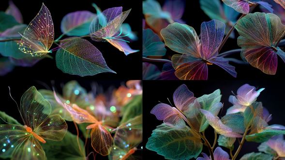 微距摄影下通透的绿叶托着霓虹光影蚕丝蝴蝶，黑色背景衬托半透明羽翼结构，超现实主义风格呈现彩色薄纱与发光粒子，8k细节展现蚕丝脉络的渐变光效