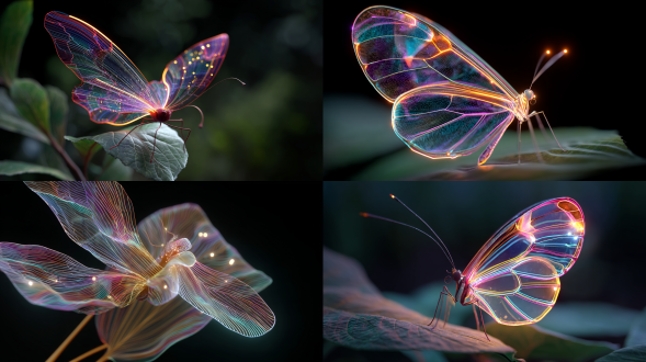 霓虹线条编织的悬浮蝴蝶停驻叶尖，暗黑空间里彩色薄纱翅膀透出星点光斑，超现实cg质感呈现半透明蚕丝分层，弥散光晕在通透结构中自然流动