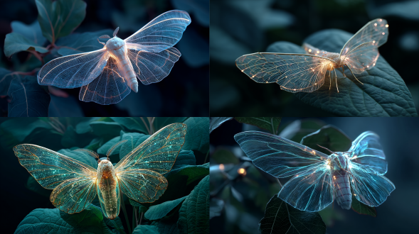 超现实微观世界中发光蚕丝蝴蝶，半透明霓虹线体交织成羽翼纹理，悬浮在墨绿叶片上的通透光茧，暗背景强化粒子光束在薄纱材质中的折射层次