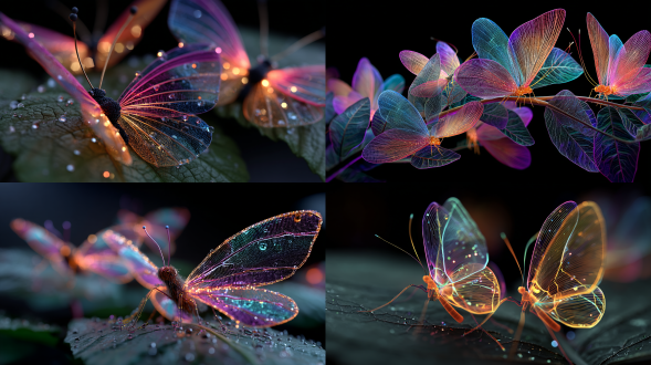3d渲染霓虹蝴蝶栖息露珠叶片，半透明蚕丝翅膀镶嵌发光粒子阵列，黑色空间突显彩色渐变光丝结构，超现实微距展现薄如蝉翼的透光层次与光晕弥散