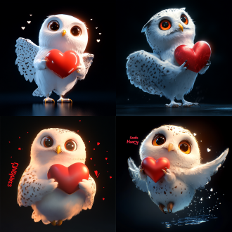 q 版现代3d风格表情包，小雪鸮，抬起头，眯着眼睛，一只翅膀举起爱心，看起来好像马上砸下来了，表情拟人化开心，夸张，虚幻引擎生成运动残影光轨，纯黑色背景。红色字描白边卡通文字“送你心心”