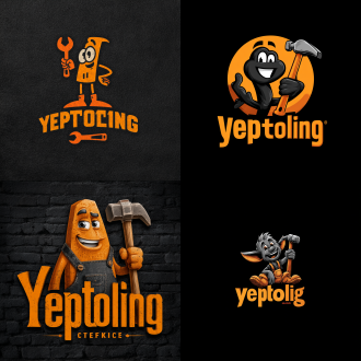 “yeptooling”和拟人化锤子的卡通形象组合成为一个logo,黑色和橘红色调，令人过目不忘的风格特色。