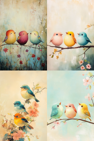 “a painting with a fresh style, featuring three chubby little birds with plump bodies. one bird is in colorful yet fresh - toned colors, and the other two are in素雅 colors. they are standing on a flower - branch with their backs turned to each other. the picture is clean and tidy, highlighting the chubby birds. the painting uses plenty of blank space, with a simple, freehand, dreamy and hazy style. the aspect ratio is 16:9.”