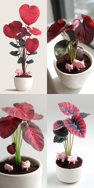 白色盆的植物彩叶芋，3片红红的心形叶片，脉络清晰犹如发丝般细，花径墨绿色，花盆中褐色的泥土。盆里趴着两只微小的粉色的3d小猪猪，可爱，乖巧，白色背景。