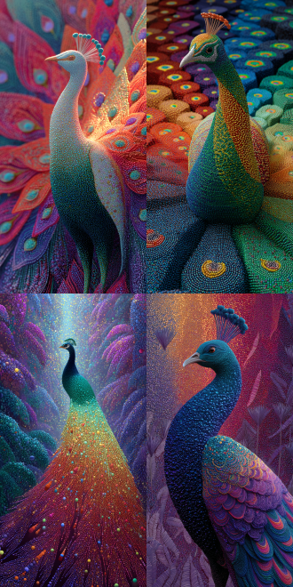 oc渲染，blender，由无数彩色钻石组成的孔雀，展开尾羽，远景，粒子光线，色彩丰富，五彩斑斓，微光，写真，大面积留白，三维秘境，抽象的点彩画，点彩艺术，波点艺术，粒子发光，不同层次的渐变色，国风光影，闪耀，完美光影，强烈对比的光影，梦幻透明色彩，梦境，多重曝光，对称排列，，高清质量，色彩通透。