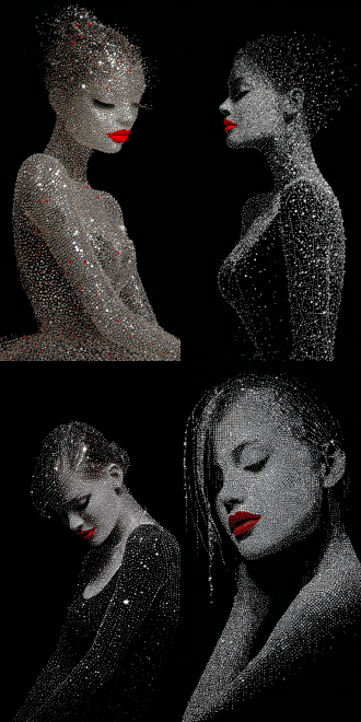 无数银色光点组成的美女，平面设计，早期复古风格，闪耀的银白色光芒，细节精致，美女优雅的姿态。美女的头部微微弯曲，嘴唇呈红色，与整体形成鲜明对比。背景为黑色。奢华，高雅，美学，