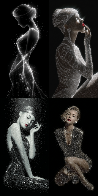 在早期复古风格的平面设计里，无数银色光点汇聚，勾勒出一位优雅的美女形象。她周身闪耀着迷人的银白色光芒，每一处细节都精致无比。美女姿态优雅，头部微微弯曲，那嫣红的嘴唇宛如暗夜中的一抹亮色，与整体画面形成了鲜明的对比。整个画面以深邃的黑色为背景，尽显奢华、高雅之美，宛如一件艺术珍品，散发着独特的美学魅力。