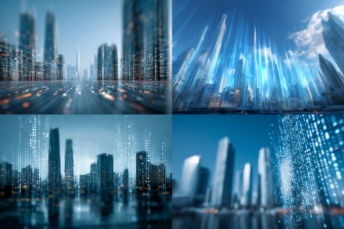 前景是一个个科技感的数据柱，后面虚化的背景是摩天大厦，天空是明亮蔚蓝的，背景虚化。