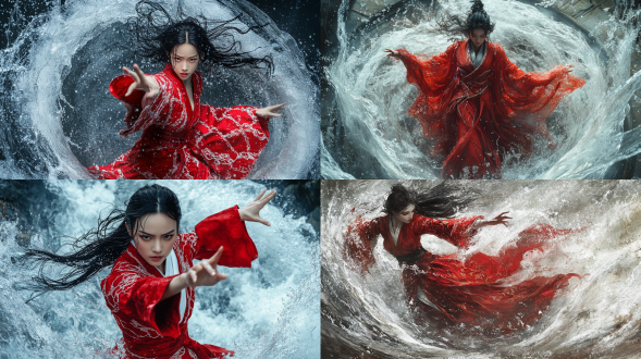 武侠大电影风格，身穿红白相间长袍美女，正面特写，冷艳，漂亮，高大霸气，长袍与散乱长发疯狂夸张地飘扬，身周汇聚出一条巨大飘逸的漩涡水流，漩涡水流缠绕身前身后并且自水中空中飘荡着大量密密麻麻的细小水滴，灰黑色氛围，马步站立，一手手掌推出，一手拿剑放背后，动作很拉风，脚下水面呈现巨大漩涡水流，水流随着手掌推出激荡翻滚，水面密密麻麻的水滴浮向上空。大师构图，脚下水花飞溅，极具视觉震撼，极致光影