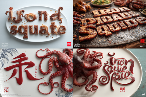 创意艺术字体设计,文字“铁板鱿鱼"由真实的油煎的章鱼身体拼接而成,采用花体字,有连笔。文字笔画有逼真的章鱼纹理。白色磁盘烤串背景,超高清8k画质展现立体结构的精密感,使用c4d和oc渲染器实现高细节与景深效果,右下方有个极小的正方形红色文印“cici”。
