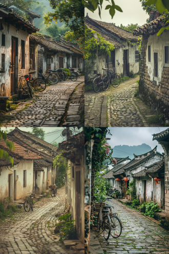 80年代农村街景，怀旧的农村建筑，瓦房，街道狭窄，石板路，老式自行车，农民穿着传统服饰，表情朴实，复古色调，广角镜头，自然光，慢快门，宁静，怀旧。