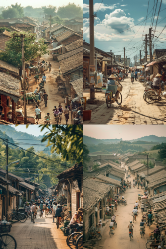 80年代农村街景，怀旧的农村建筑，瓦房，赶集，复古风格，宽阔街道，人群熙攘，老式自行车，土路，柔和光线，长焦镜头，自然光，热闹，怀旧色彩，温馨氛围。