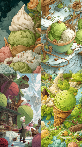 更高的细节插图，冰激凌，绿色和温暖的主题，松散裁剪，半完成，来自最终幻想，奇思妙想，网站横幅，灵感来自苏斯博士，超完善的细节，超清8k，杰克和豆茎，网络漫画，来自valve，未裁剪