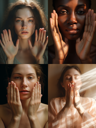 摊开的双手特写，正面镜头，皮肤纹理清晰，柔和光线，自然色调，中焦镜头，正面光，平静表情，温暖氛围。