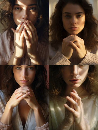 女性双手特写，手掌摊开，直视镜头，柔和光线，细腻肌肤，温暖色调，微距镜头，正面光，静态，温柔，亲切。